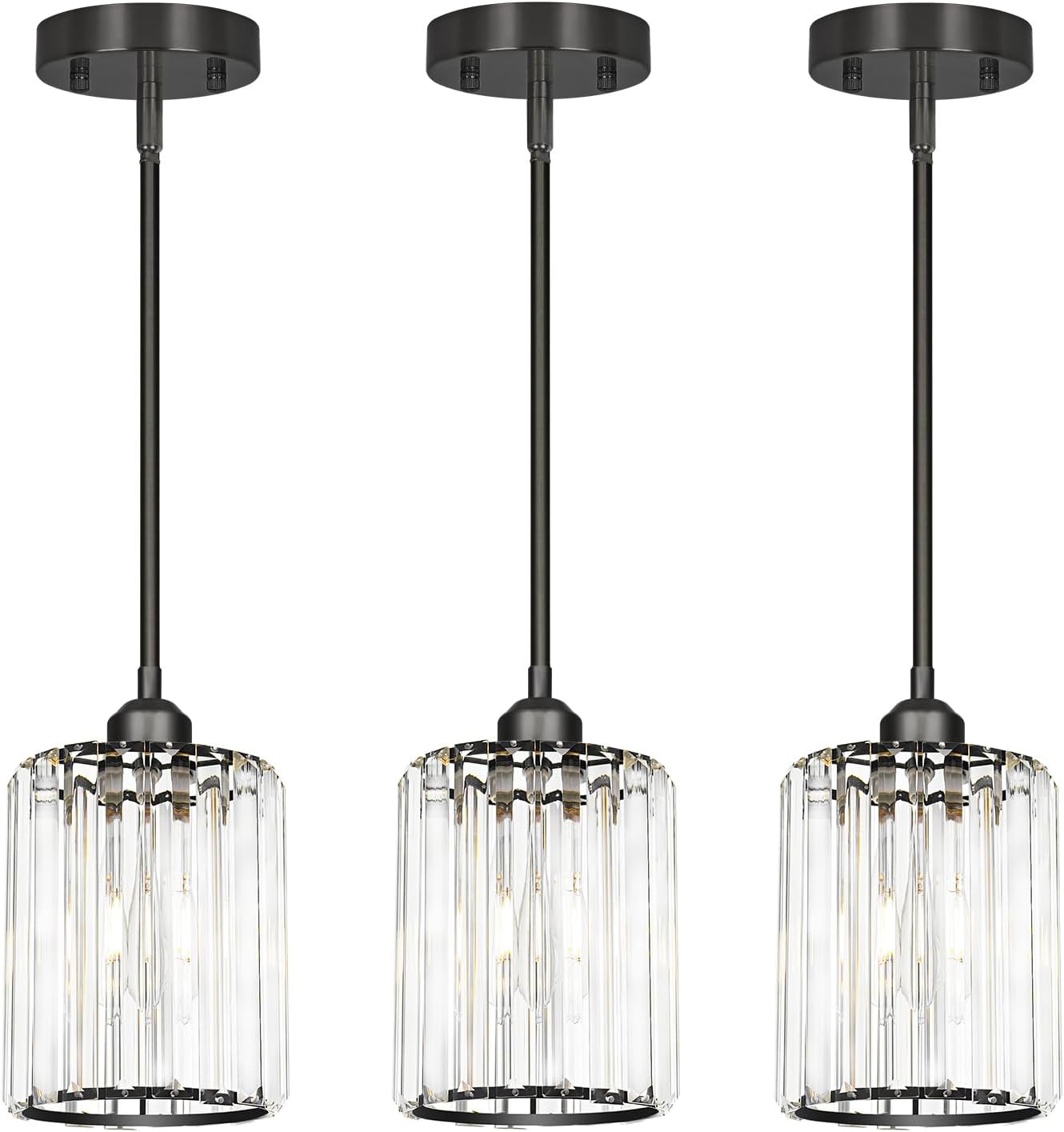 Black Kitchen Pendant Lights Over Island with Adjustable Rods - Crystal Pendant Lighting Fixtures 3 Pack, Ideal Over Dining Table or Bar, E26 Bulb Compatible, No Electrician Needed
