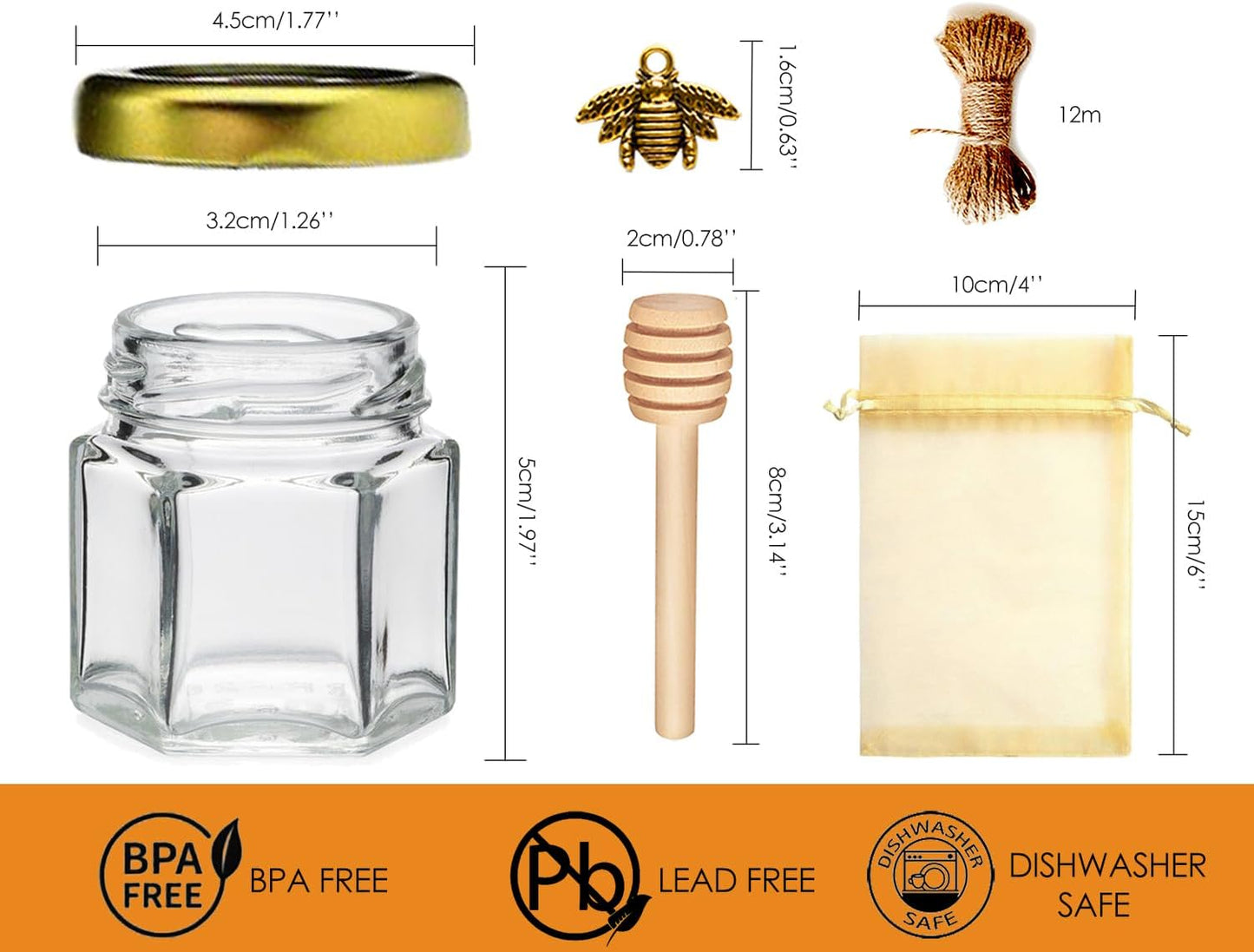 Adabocute 20 Pack Mini Honey Jars with Dipper - Mini Honey Jars for Baby Showers & Wedding Gifts - Gold Lids, Bee Pendants, Jutes and Gift Bags