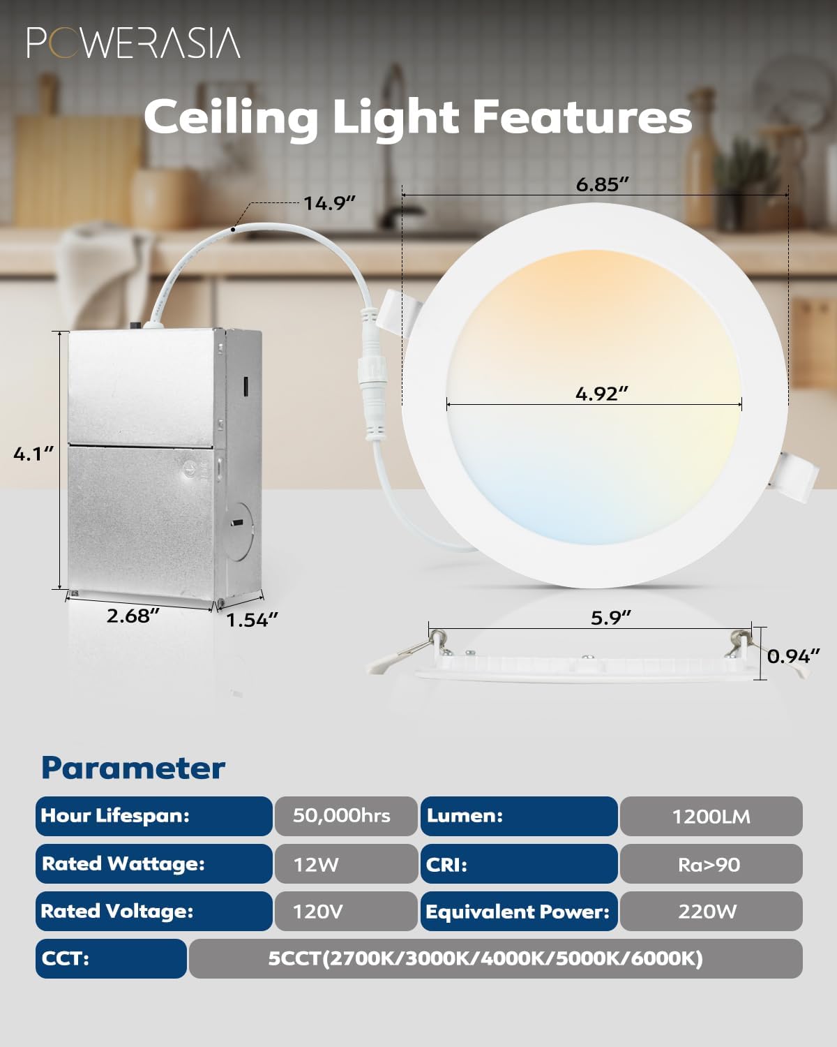 12 Pack 6 Inch Ultra-Thin LED Recessed Ceiling Light with Junction Box, Recessed Lighting 6 Inch 5000K Dimmable Daylight, 15W 220W Eqv, 1200LM High Brightness - ETL and Energy Star Certified