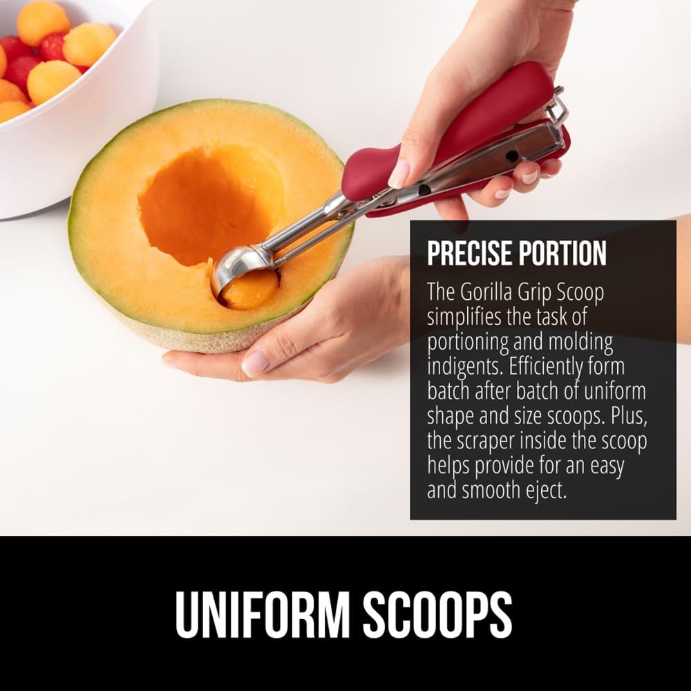 GORILLA GRIP Stainless Steel Cookie Scoop for Baking, 1 TBSP, Multipurpose Melon Baller, Meatball Spring Scoops, Perfect Portion Sizes, Easy Food Release, Scooper Size 60, BPA-Free Kitchen Tool, Red