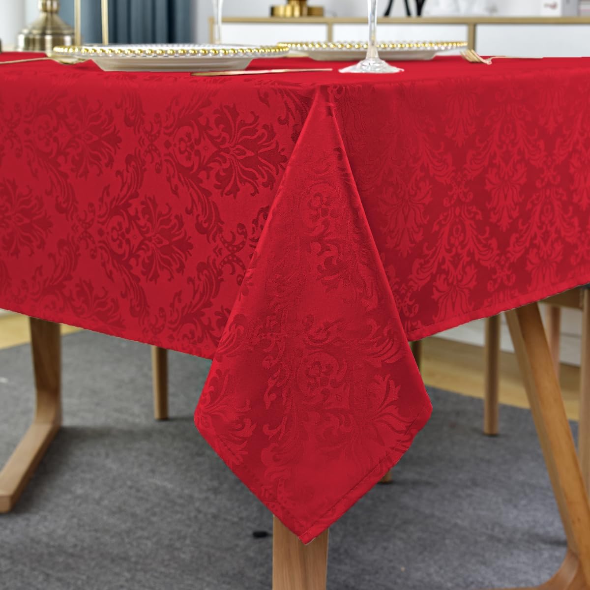 SASTYBALE Rectangle Jacquard Tablecloth, Damask Table Cloth SpillProof Wrinkle Resistant Tablecloths, Soft Polyester Oblong Table Cover for Kitchen, Dinner, Parties (Red, 60X120)