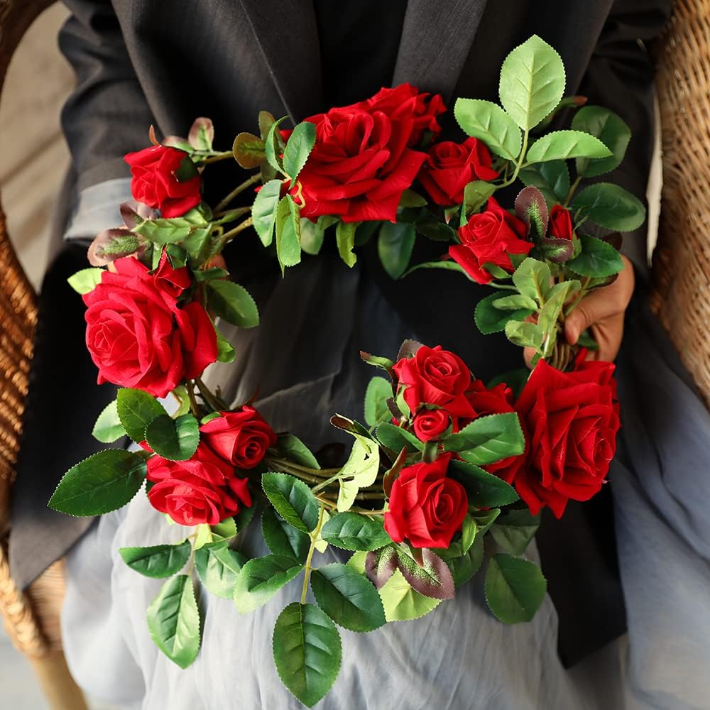 Veryhome Rose Vine Artificial Flower Garland Fake Hanging Rose Ivy Plants 6ft for Wedding Home Party Garden Arrangement Decor Pack of One (Red)