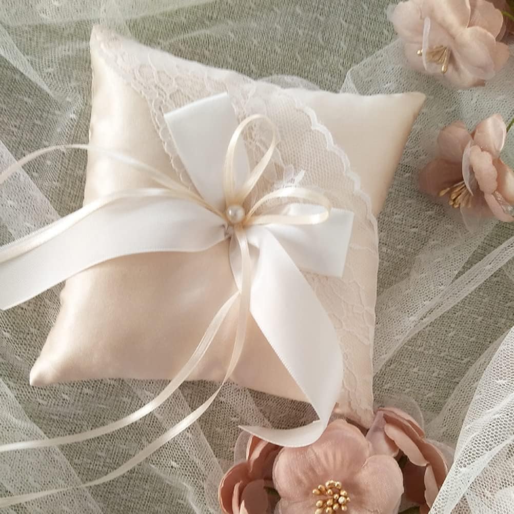 LUOZZY Wedding Ring Bearer Pillow Cushion with Pearls Decorations Wedding Ring Pillow Holder (Champagne 5.89 Inch)