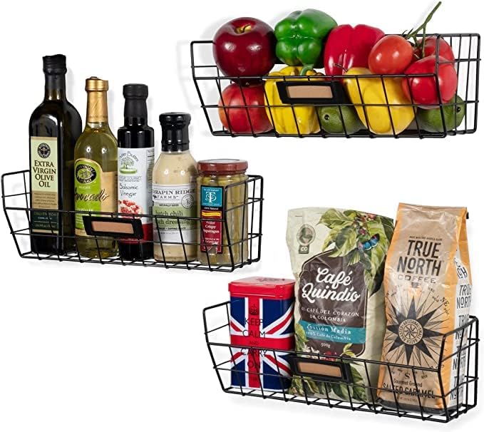Wall Mounted Wire Basket Kitchen Storage Pantry Organizer Fruit Basket Varying Sizes Set of 3 Black - Image 2