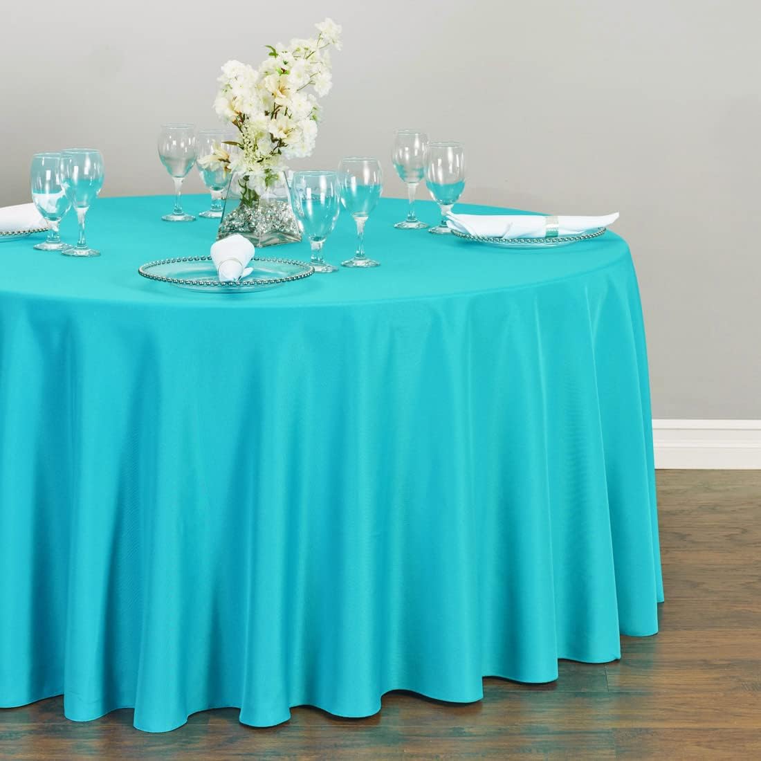 LTC LINENS 2 Pack 120 Inch Round Tablecloth Turquoise - Great for 60 Inch Round Table Floor Length - Washable, Wrinkle Resistant Polyester Fabric Cloth for Parties