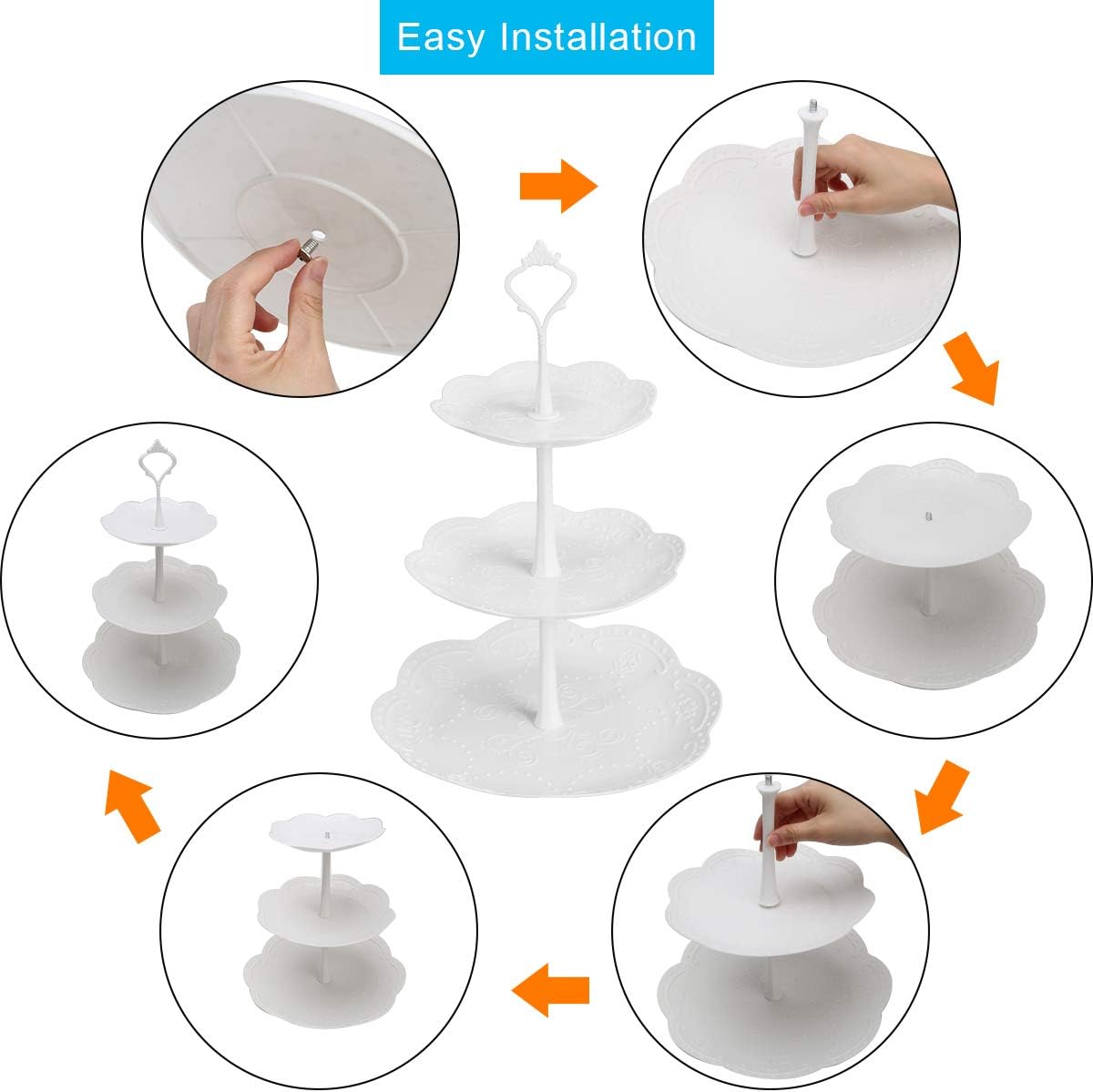 Coitak 3 Tier Cupcake Stand, Plastic Tiered Serving Stand, Dessert Tower Tray for Tea Party, Baby Shower and Wedding (Pure White) (Plastic)
