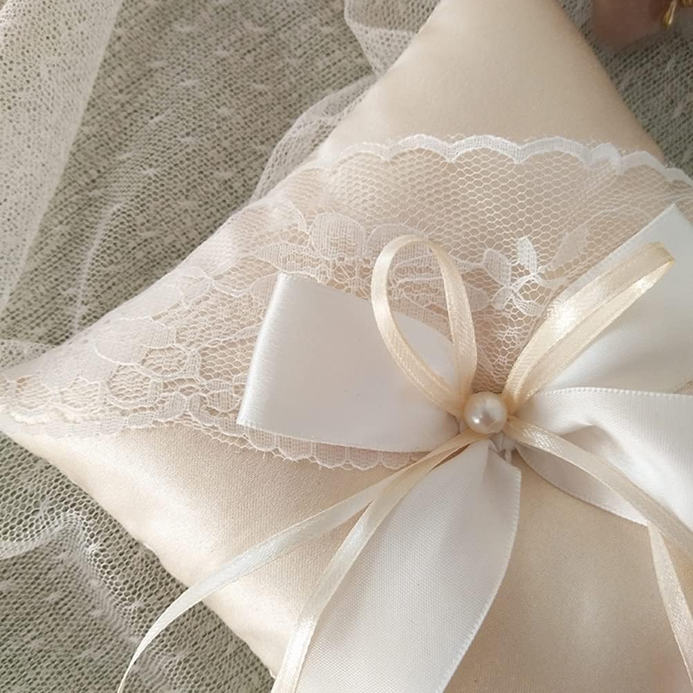 LUOZZY Wedding Ring Bearer Pillow Cushion with Pearls Decorations Wedding Ring Pillow Holder (Champagne 5.89 Inch)