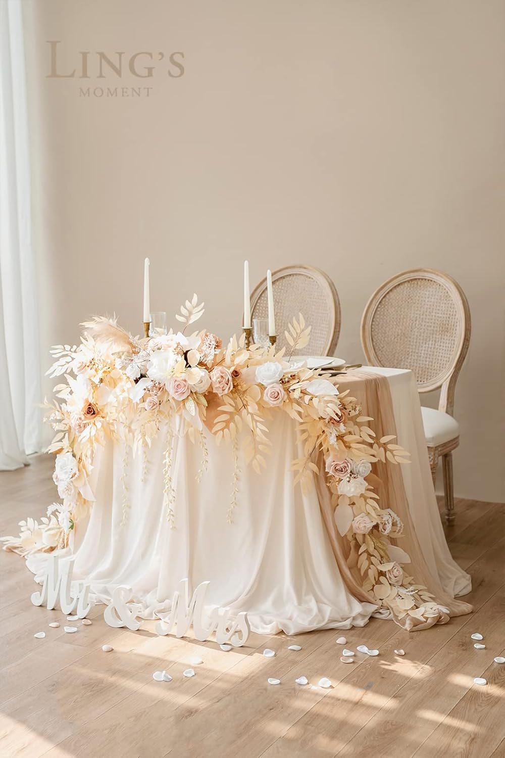 Ling's Moment 9FT Flower Garland for Backdrop Decorations - Wedding Arch Flowers, Eucalyptus & Rose, Artificial Floral Garland for Mantel - Sweetheart Table Decor for Ceremony Reception, White & Beige