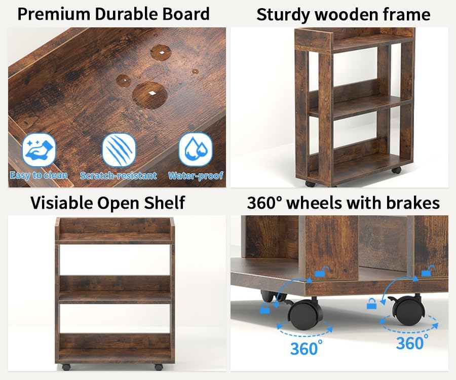 ALISENED 3-Tier Small Bookshelf with Wheels, Bedside Cart Library Cart - Image 5