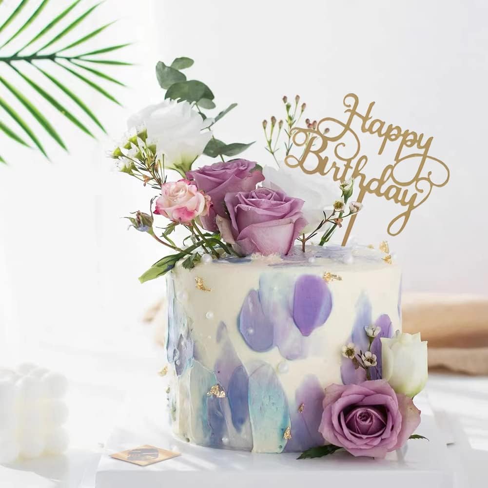 Gold Happy Birthday Cake Topper - Acrylic Cupcake Toppers Decoration Supplies (7 Pieces)