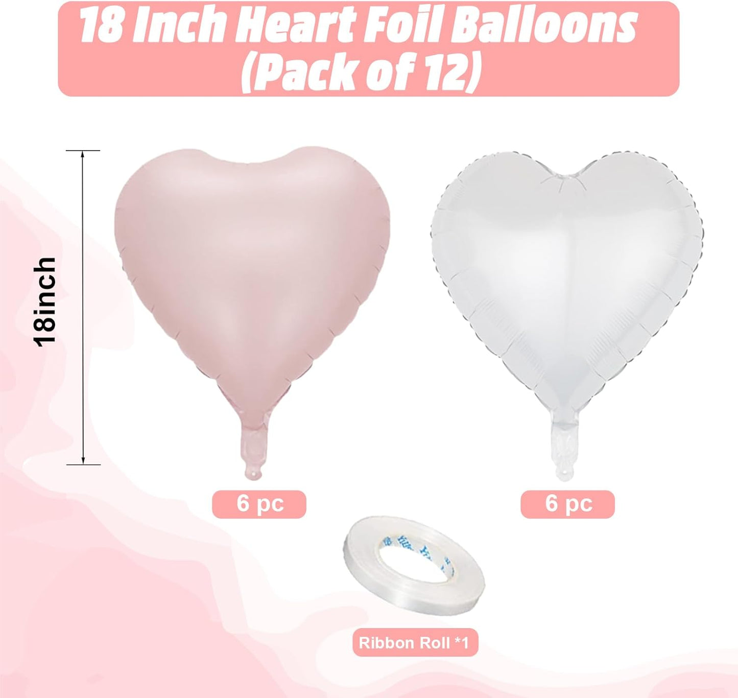 Pink White Heart Balloons, 18 Inch Pink and Cream White Heart Shape Balloons, 12PCS White Sand Helium Foil Balloon for Birthday Baby Shower Bridal Engagement Wedding Party Decorations