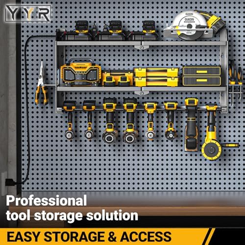 YYR Power Tool Organizer with Charging Station Wall Mount, Cordless Drill and Battery Holder for Garage Organization, Electric Tools Storage Rack Build in Surge Protection Power Strip - Black Shelf - Image 4