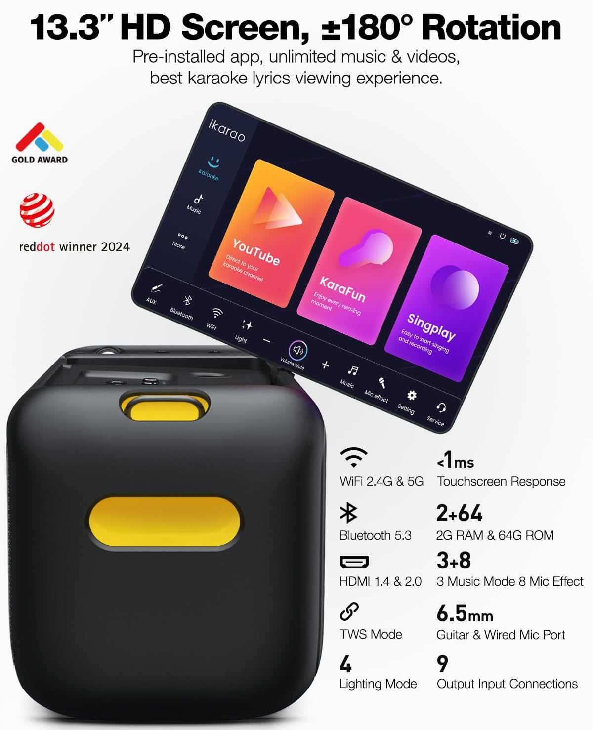 Ikarao Karaoke Machine for Adults, with Lyrics Display Built-in 13.3" Screen, Truly All in One Karaoke Machine with 2 Wireless Microphone (Hidden & Self Charging), 460W Bluetooth Speaker for Party, TV