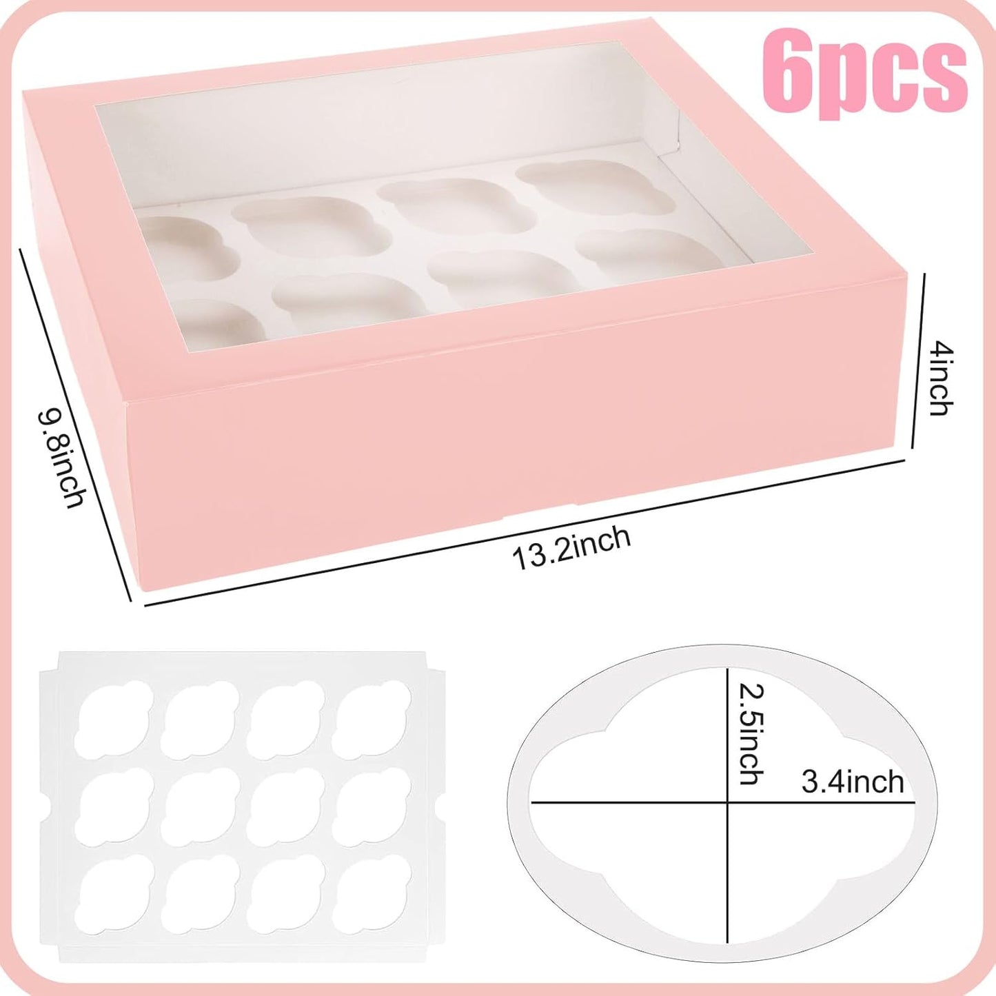 VGOODALL 12 Count Cupcake Boxes, 6PCS 13.2x9.8x4Inches Pink Cupcake Container with Window Boxes Holding 72 Pastry Box for Birthday Holiday Party Bakery Supplies