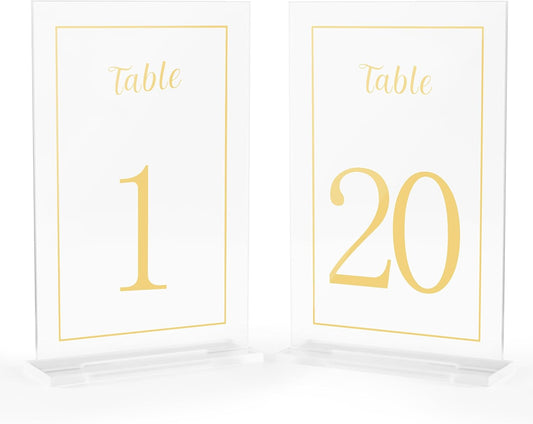 Acrylic Table Numbers 1-20 with Stand, Printed Gold Font on 4x6 inch Acrylic, Clear Table Number Signs and Holders, Centerpiece for Events, Weddings, Reception, Party, Anniversary, and Decoration