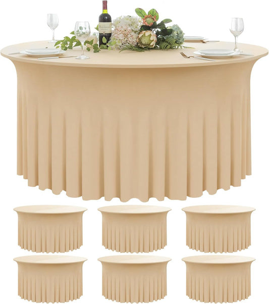 6 Pack Champagne Round Spandex Tablecloth 60 Inch, Wrinkle Free Stretch 120 Inch Fitted 5ft Champagne Table Cloths Round Table Covers with Ruffle Skirt for Party Wedding Banquet