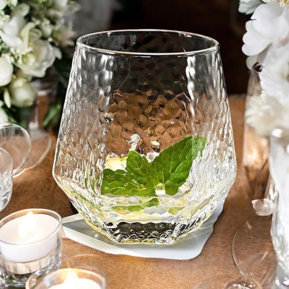 48 Pack Ribbed Origami Ripple Plastic Glasses 24 9oz Stemless Champagne Flutes & 24 12oz Cups BPA-Free, Disposable, Shatterproof Drinkware for Weddings, Bars, Events (Hammered Diamond Clear)