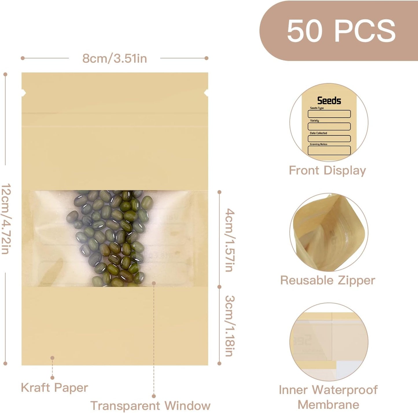 Seed Organizer Binder with 50 PCS Resealable Seed Envelopes - 50 Storage Pockets, 3.5x5 Inch Clear Sleeves, Seed Saver for Garden Lover - Gray