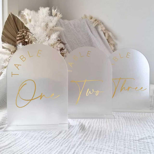 JINMURY Frosted Arch Wedding Table Numbers 1-10 with Stands, 5x7 Inch Acrylic Arch Sign with Golden Lettering, Frosted Acrylic Table Numbers for Wedding Reception