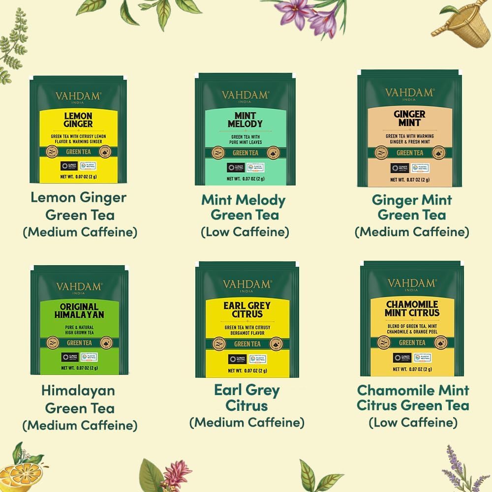 VAHDAM, Green Tea Variety Pack Sampler Assortment (36 Pyramid Tea Bags, 6 Flavor) | Non-GMO Project Verified Himalayan Green Tea with No Artificial Ingredients | Gifts for Women & Men