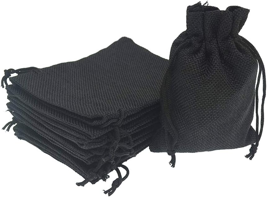 20Pcs Black Burlap Gift Bags With Drawstring 2.7x3.5 Inch, Linen Halloween Candy Jewelry Jute Sack for Wedding Party Favor