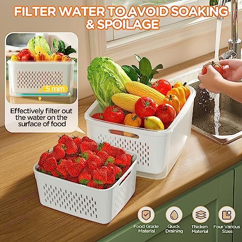 5-Pack Fruit Storage Containers for Fridge with Removable Colanders, 4 in 1 Produce Storage Containers with Lids, Leakproof Fridge Organizer Bins for Salad Berry Lettuce Vegetables Meat Keeper Fresh - Image 3
