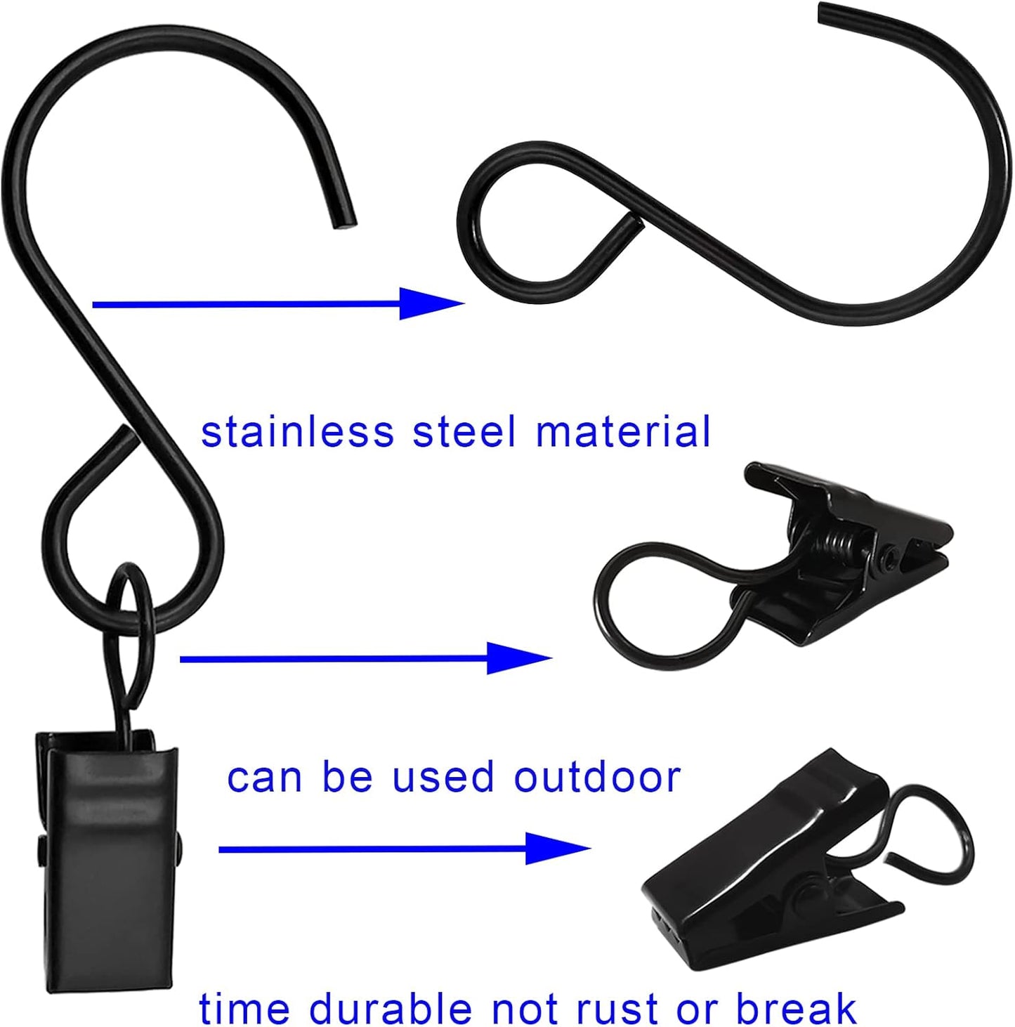 Stainless Steel S Hooks Curtain Clips, 50 Pack Hanging Party Lights Clips, Hangers Gutter Photo, Art Craft Display, 3 Inch Long, Black