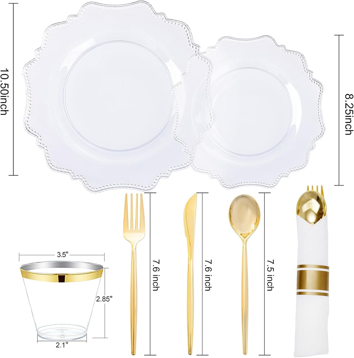 COLOSUS 350pcs Clear Plastic Plates Disposable Gold Cutlery Dinnerware set for party: 50 Dinner Plate, 50 Dessert Plate, 50 Per Rolled Napkins with Gold Silverware, 50 Cups 9 OZ for Wedding & Party