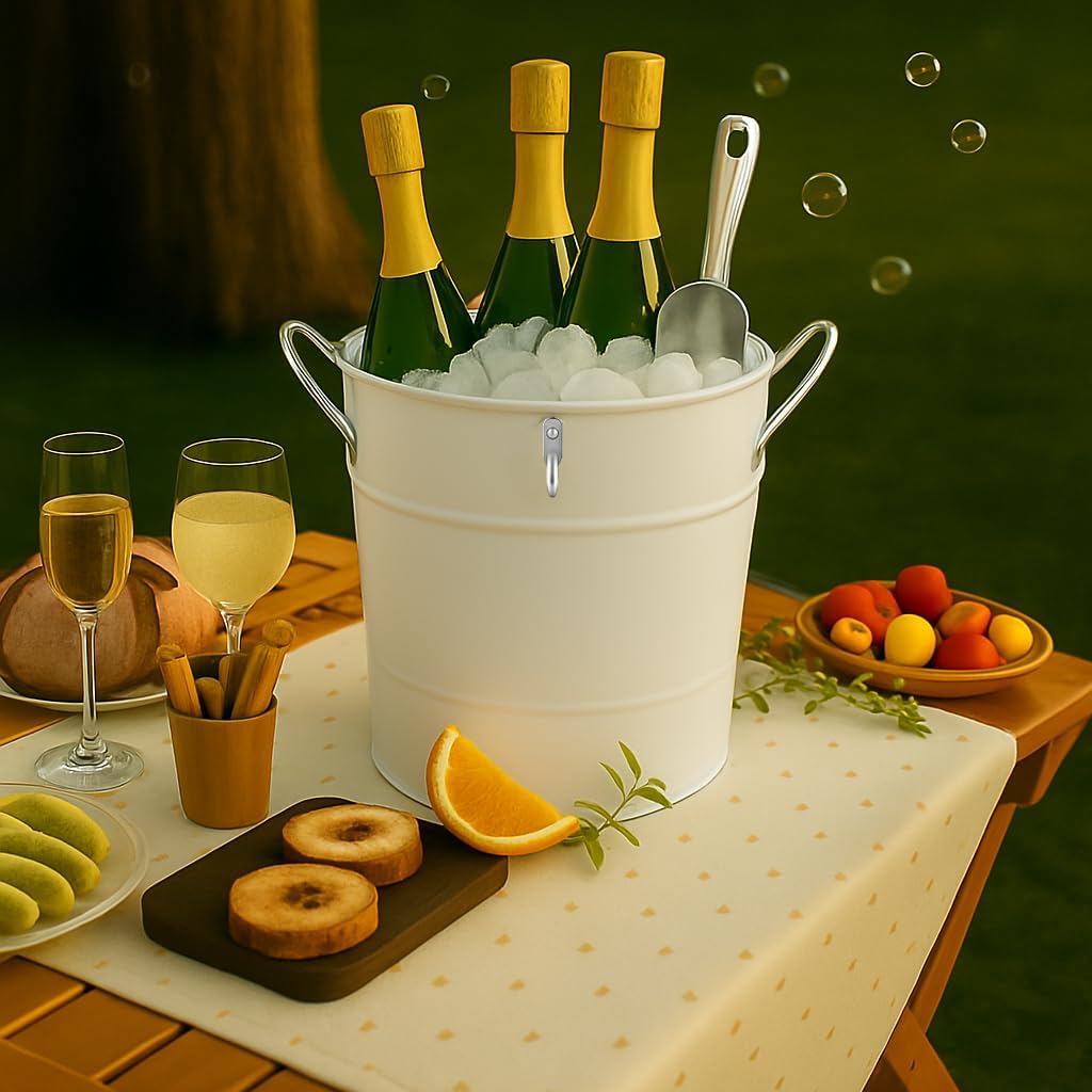 Insulated Ice Bucket with Lid Scoop Handle for Parties Cocktail Bar, 4L Round Mental Champagne Drink Wine Bucket for Drinks White