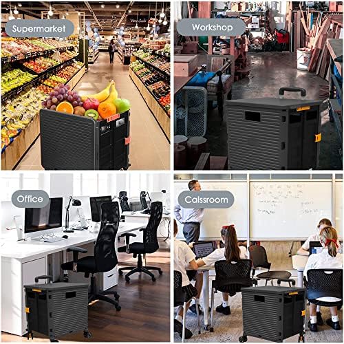 Foldable Utility Cart Portable Collapsible Crate Rolling Carts with Wheels Rolling Tote Basket Teacher Cart with Lid Wear-Resistant 360°Rotate Wheel Noiseless for Shopping Storage Office Use - Image 4