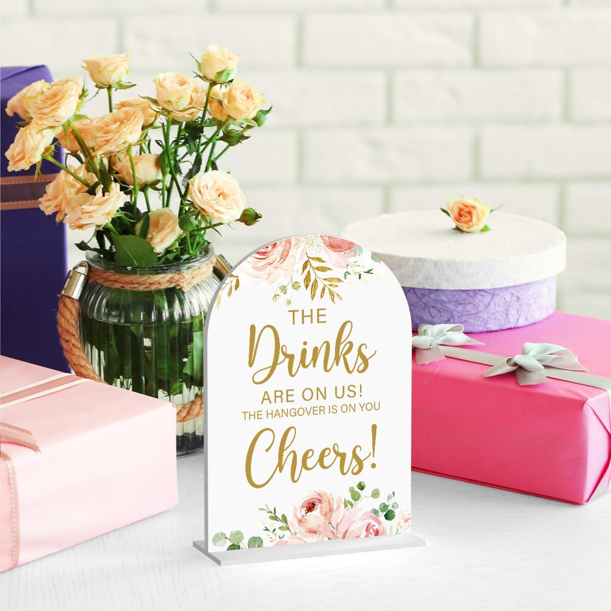 Acrylic Wedding Signs, Bridal Shower Decorations, The Drinks Signs for Reception, Modern Calligraphy Arch Acrylic Table Top Sign for Wedding Reception and Engagement Parties (Pink Flowers)