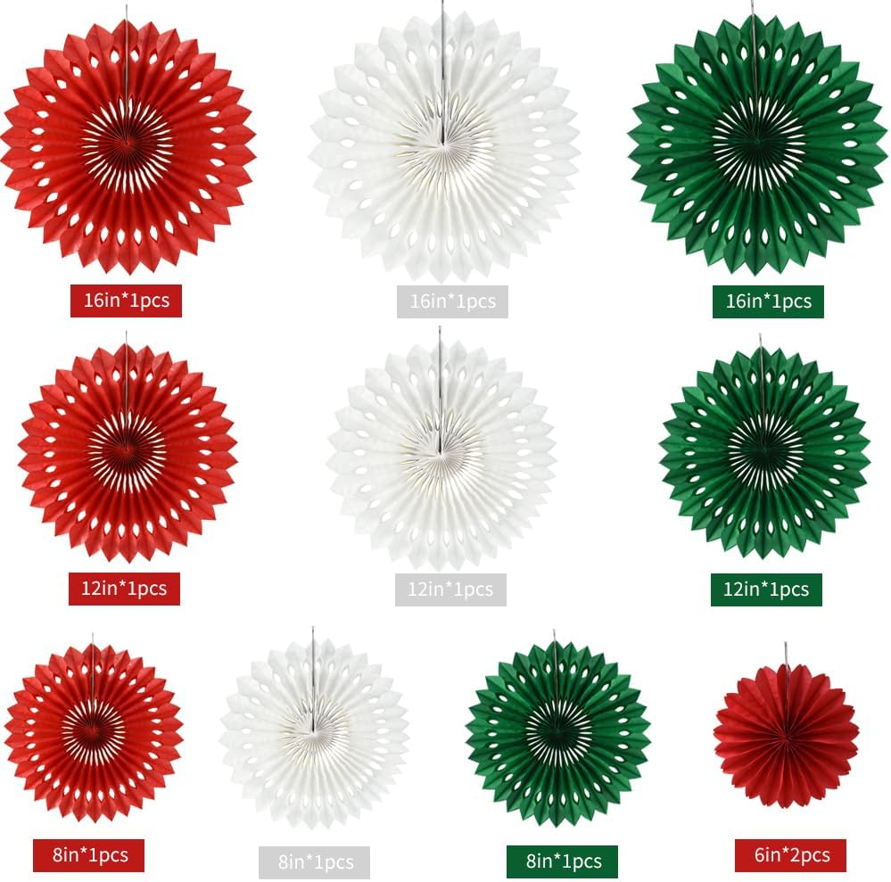 BEISHIDA Red Green White Hanging Tissue Honeycomb Round Paper Fans Decor Kit for Christmas Birthday Girl Kid Shower Bachelorette Wedding Backdrops Anniversary Party Supplies（11 Packs）