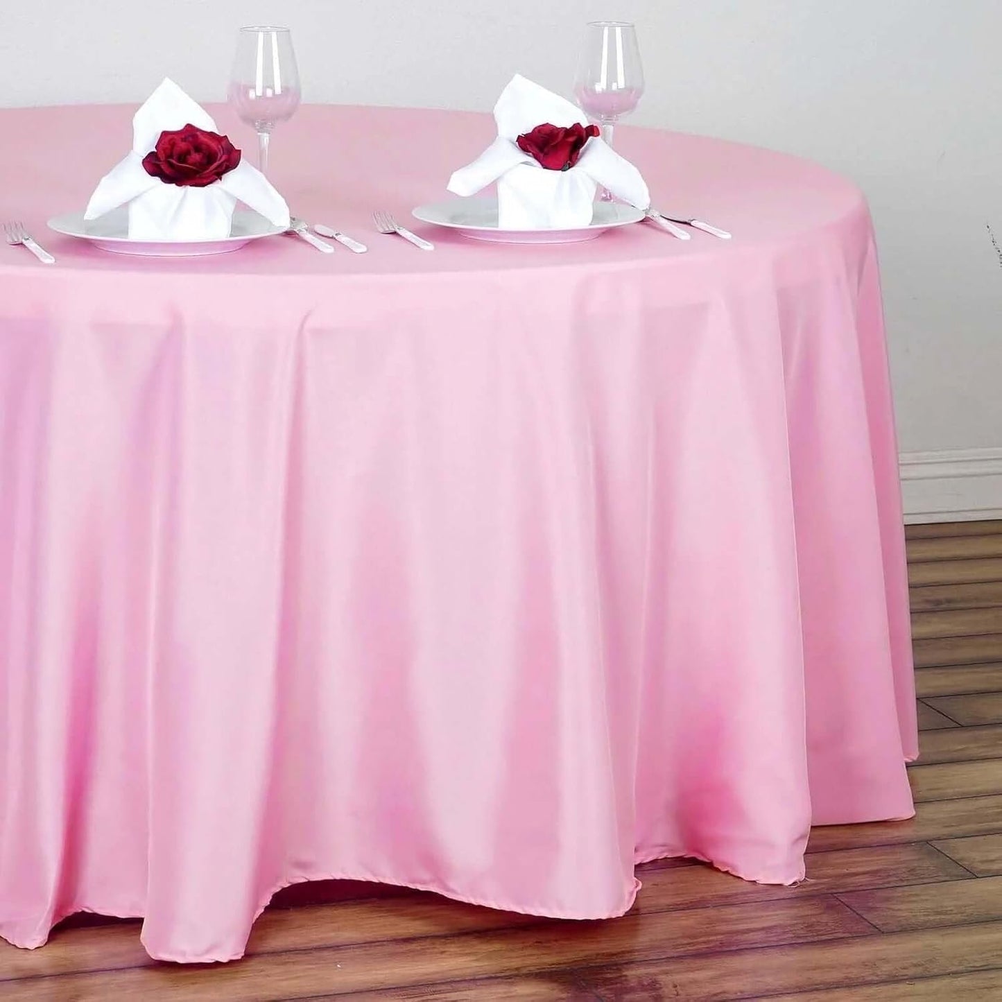 Efavormart Round Tablecloth, 132 Inch Stain & Wrinkle Resistant Washable Table Cloth, Decorative Polyester Fabric Table Cover for Banquet, Wedding, Dining- Pink