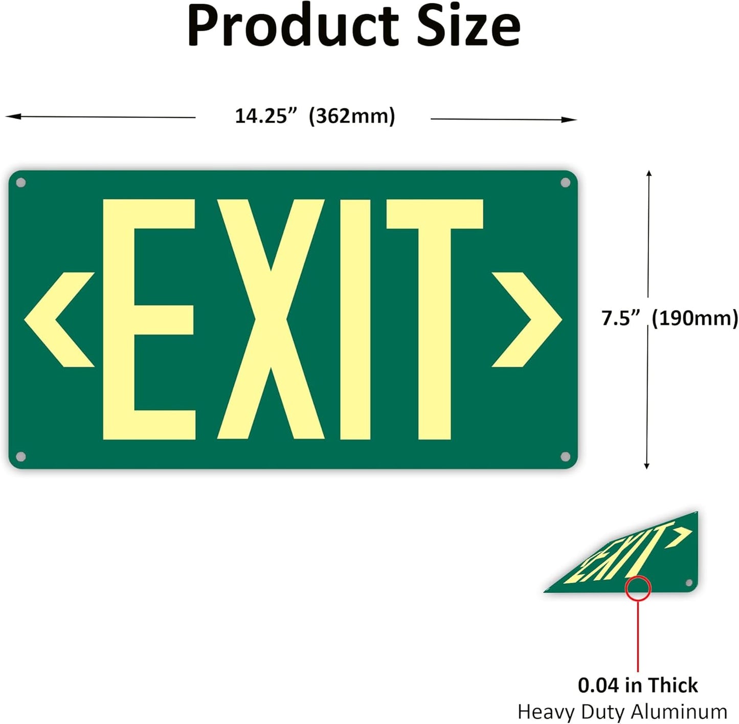 2Pack Photoluminescent Exit Sign Green - 14.25"x 7.5" Aluminum Glow In The Dark- Adhesive Backing- Includes 4pcs Removable Arrows
