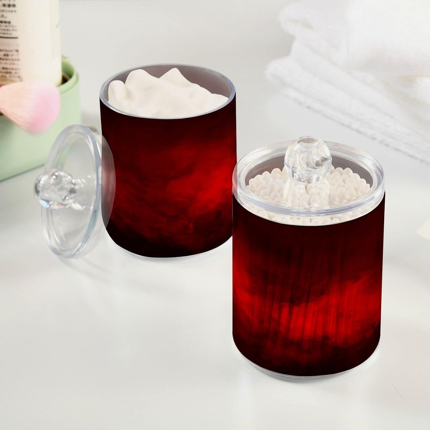 Gredecor 2 Pack Qtip Holder Clear Red Apothecary Jars with Lids Plastic Acrylic Bathroom Jars Vanity Countertop Canister Storage Organizer for Cotton Ball,Swabs,Pads,Floss