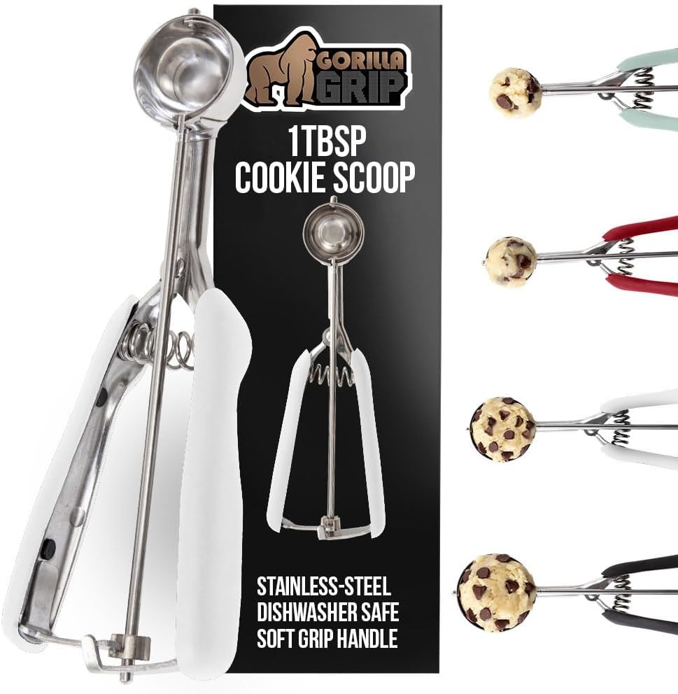 GORILLA GRIP Stainless Steel Multipurpose BPA-Free Spring Scoop, 1 TBSP, Melon Ballers, Cookie Dough Scoops, Perfect Portion Sizes, Easy Squeeze and Clean Release, Scooper Size 60, White