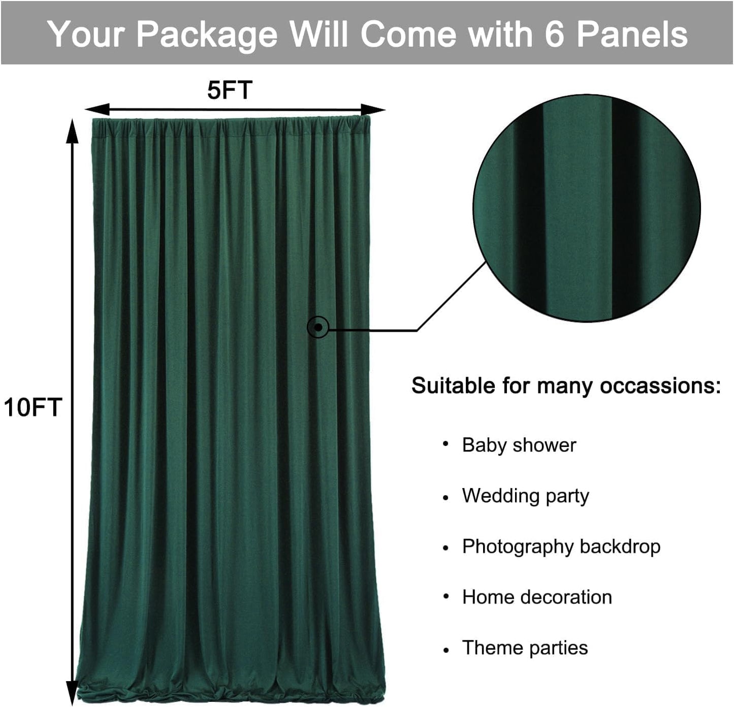 30 ft x 10 ft Wrinkle Free Hunter Green Backdrop Curtain for Parties, Polyester Dark Green Photo Backdrop Drapes 6 Panels 5x10ft for Baby Shower Wedding Birthday Party Photography Curtains
