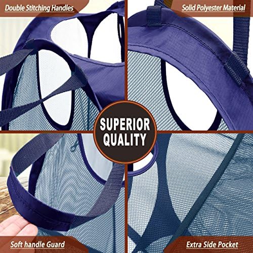 HOUSE AGAIN Strong Mesh Pop Up Laundry Hamper, 70L Collapsible Laundry Basket with Steel Frame, Double‑Stitched Handles & Side Pocket, Foldable Dirty Clothes Hamper for Dorm, Bedroom, Blue - Image 5