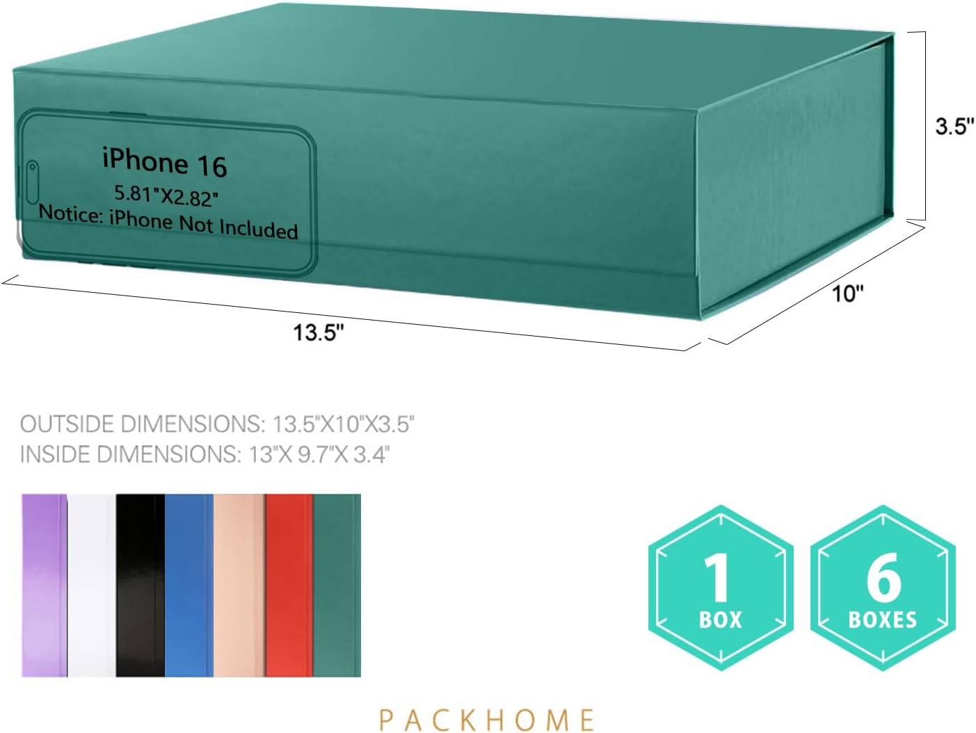 PACKHOME 6 Large Gift Boxes 13.5x10x3.5 Inches, Sturdy Shirt Boxes with Magnetic Lids for Multiple Occasions (Glossy Green)