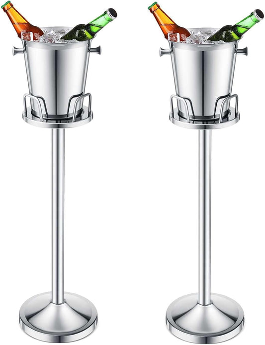 Lallisa 2 Pieces Wine Ice Bucket with Stand Stainless Steel Standing Champagne Ice Bucket Cube Container on Stand for Beer KTV Club Bar BBQ Wedding 35.8in 5L (Silver)