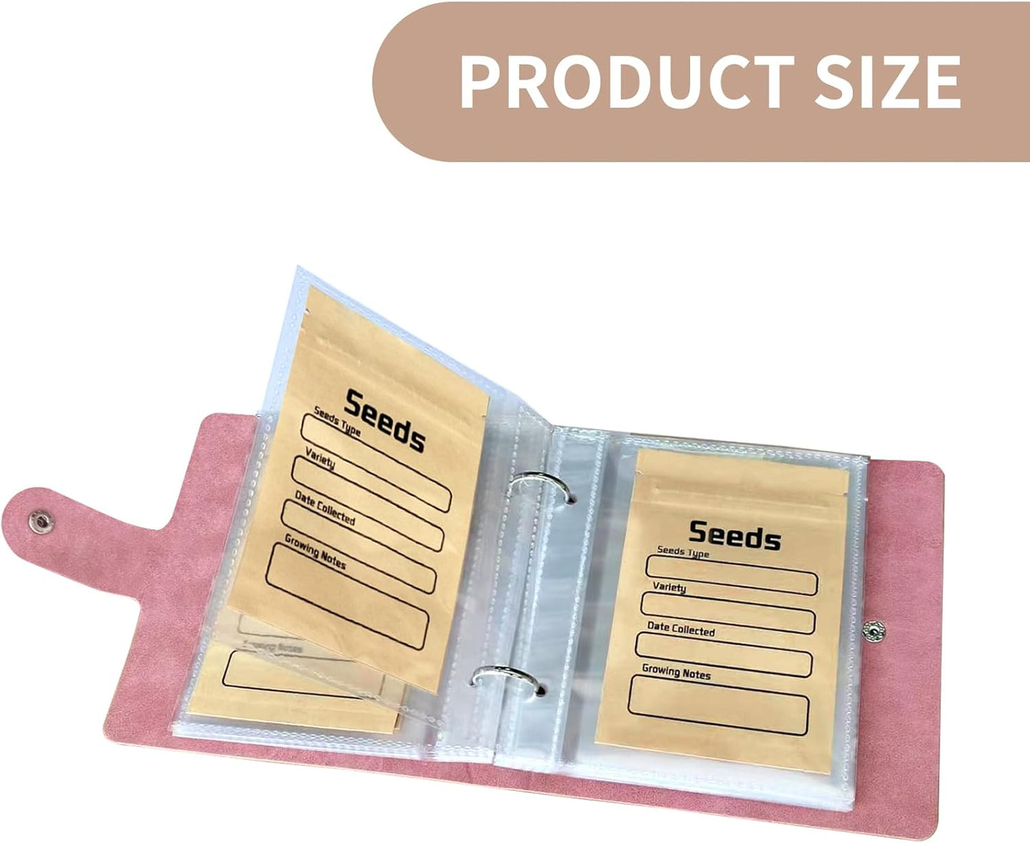 Seed Organizer Binder with 50 PCS Resealable Seed Envelopes - 50 Storage Pockets, 3.5x5 Inch Clear Sleeves, Seed Saver for Garden Lover - Pink