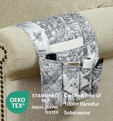 Brilliant Sunshine Grey Flowers Patchwork Couch Armrest Organizer, 35"×13" - Image 2