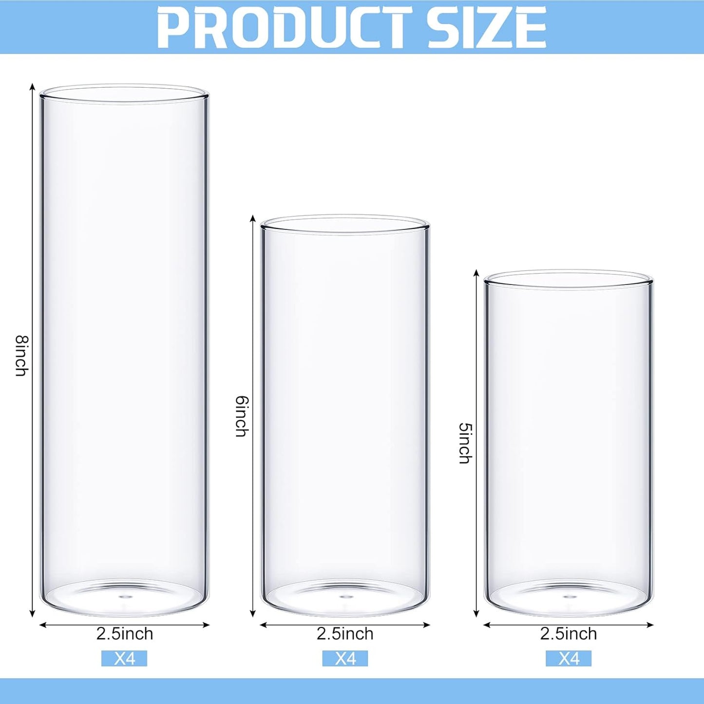 12 Pcs Thin Glass Cylinder Vases 2.5''/3.3'' Diameter 2mm Wall Thickness Clear Flowers Vase Hurricane Floating Candles Holders for Table Centerpieces Wedding Decor (2.5'' X 5'',6'',8'')