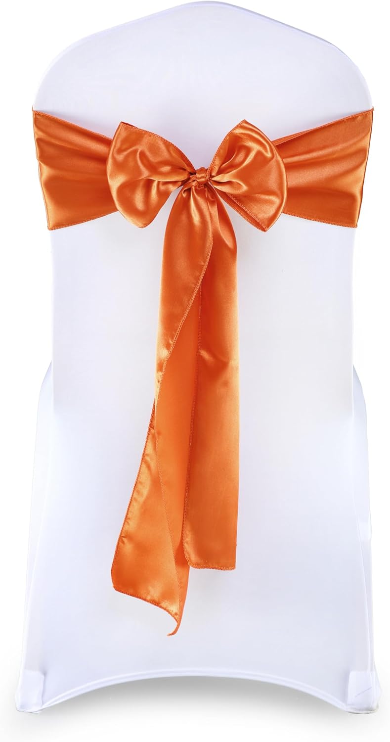 MDS Pack of 75 PCS Satin Chair Sashes Charmeuse Sateen Dining Chair Bows Ribbon Ties Back Sash for Wedding Party Birthday Home Hotel Restaurant Banquet Decoration (7 x 108 Inch, Brunt Orange)