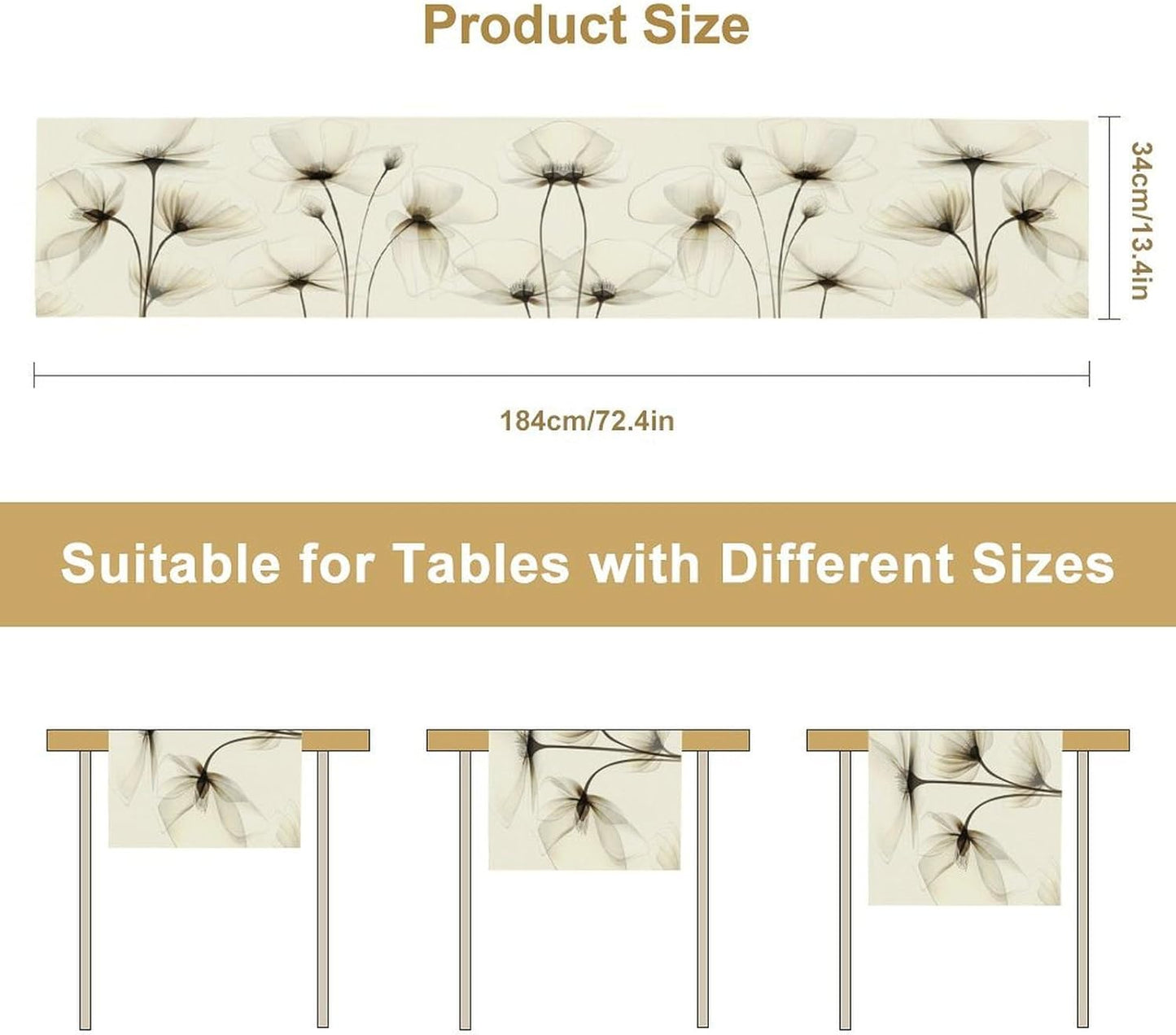 Abstract Floral Table Runner, Watercolor Transparent Beige Poppy Flowers Print Kitchen Dinning Table Runner for Indoor Outdoor Home Wedding Party Holiday, 13x60 Inch