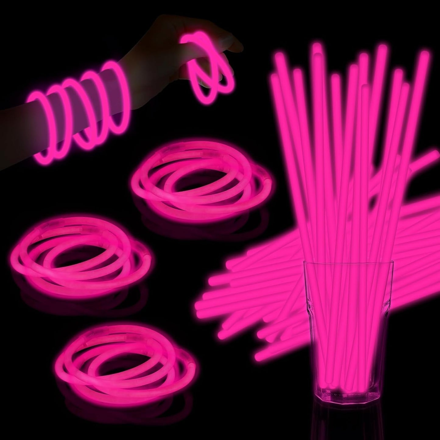 60 Pack 8” Pink Glow Sticks Bulk with 60 Connectors Neon Glow In The Dark Party favors Supplies for Holiday Birthday Party Decoration (Pink)