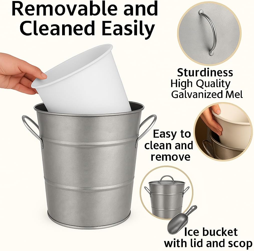 Insulated Ice Bucket with Lid Scoop Handle for Parties Cocktail Bar, 4L Round Mental Champagne Drink Wine Bucket for Drinks Metallic