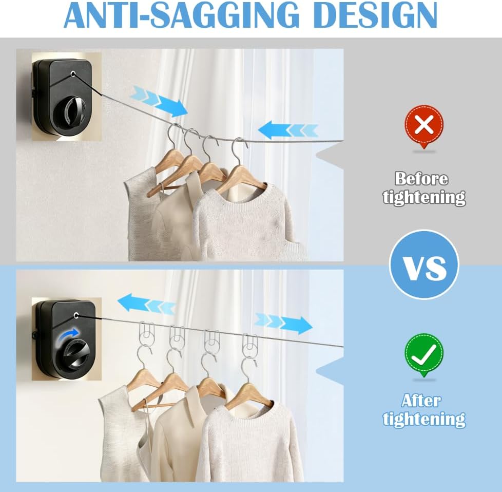 Retractable Clothesline Indoor, Non-Sagging Outdoor Clothes Line Retracting 16.7 Feet Heavy Duty Laundry Line Retractable Wall Mounted Clothes Line Outdoors (Grey, Rectangle) - Image 3