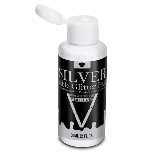 Edible Silver Glitter Paint - 2 fl.oz / 60ml Food Safe Edible Paint for Cake Decorating, Chocolate, Cocktail, Cupcakes - Silver Edibles Glitter Liquid Luster Dust for Halloween Candy, Drinks, Baking