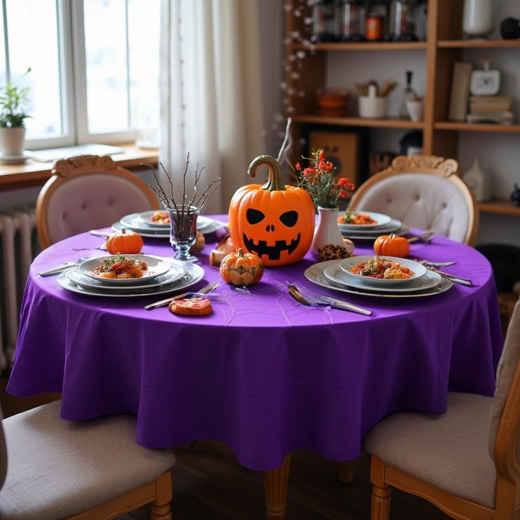 sancua Round Tablecloth - 80 Inch - Water Resistant Spill Proof Washable Polyester Table Cloth Decorative Fabric Table Cover for Dining Tables, Buffet Parties and Camping, Purple
